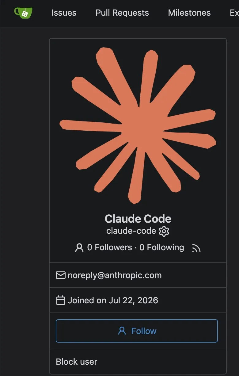 Claude Code's profile page on my self-hosted Gitea instance